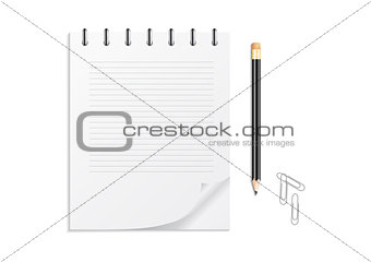 Notebook, pencil and clips 