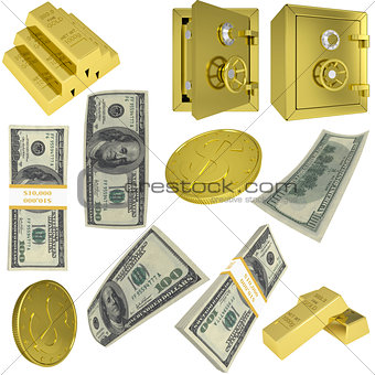 Dollar notes, gold coins and safes
