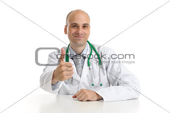 Happy male doctor with thumbs up isolated on white background