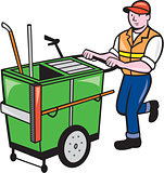 Streeet Cleaner Pushing Trolley Cartoon Isolated