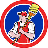 Janitor Cleaner Holding Broom Circle Cartoon
