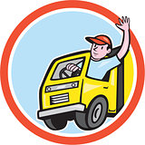 Delivery Truck Driver Waving Circle Cartoon