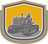 Farmer Driving Tractor Plowing Farm Shield Retro