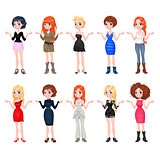 Women with different dresses, clothes and shoes. 