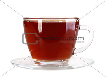 Glasses cup and saucer with black tea