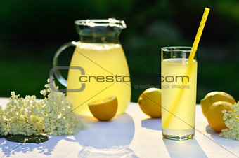 Elderflower juice with lemon on table in a garden