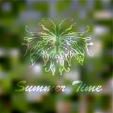 Vector Hand Drawn Butterfly on abstract Summer Green Background
