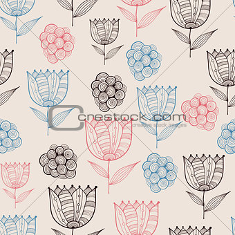 Vector Seamless Doodle Floral Pattern with Tulips