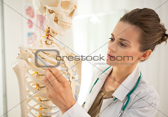 Medical doctor woman teaching anatomy using human skeleton model