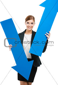 Business woman holding blue arrows