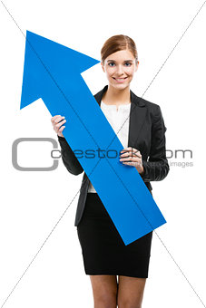 Business woman holding a blue arrow