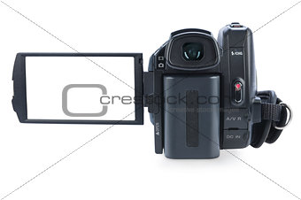 Camcorder with open lcd display, isolated on white background. S