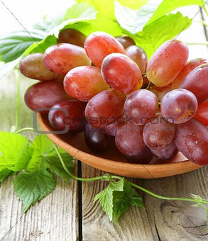 branch of red ripe grapes with green leaves on a wooden table