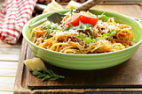 traditional pasta with tomato sauce spaghetti bolognese with parmesan