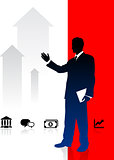 Businessman on Red and White Arrow Background