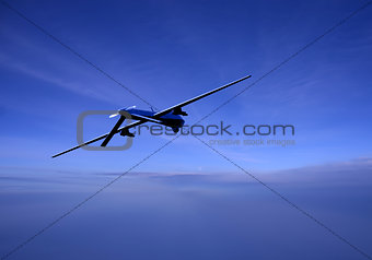 Unmanned drone in flight at dusk