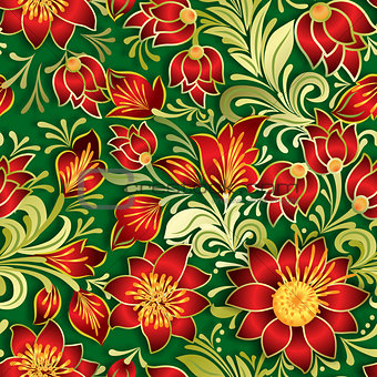 abstract vintage seamless red floral ornament on green