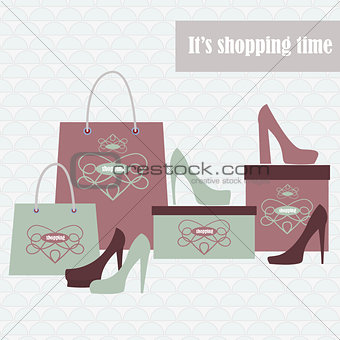 Shopping bags and fashion shoes in two colors - vector illustration.