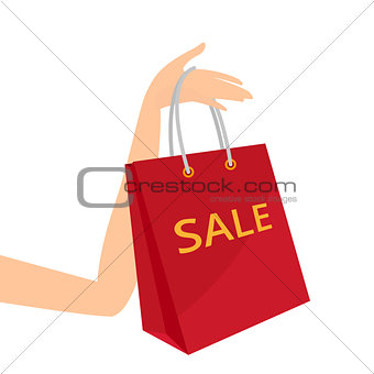 Red shopping bag in women's hand vector illustration.