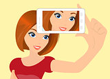 Vector illustration of redhair girl taking a self snapshot.