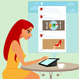 Young pretty woman reading news of social networking in the cafe. Close-up vector illustration.