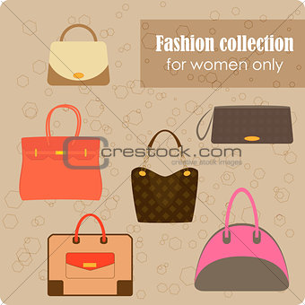 Women's fashion collection of bags on beige background - vector illustration.