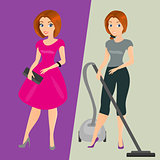 Young sensual pretty woman - dual composition: going to the party vs. doing housework.