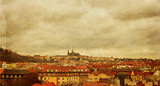 Prague panorama view from Vysehrad, photo stylized antique postc