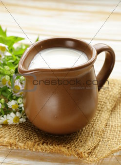 natural fresh milk in a ceramic jug on a wooden table