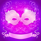 greeting card with a purple mask and ribbon for festive masquerade invitations