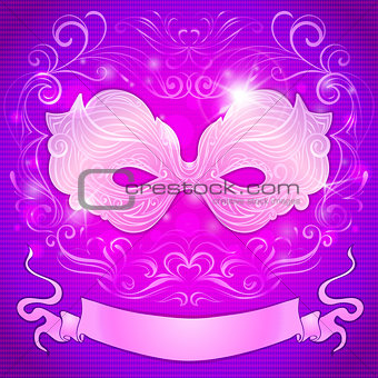 greeting card with a purple mask and ribbon for festive masquerade invitations