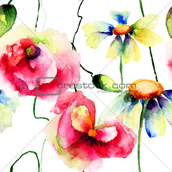 Stylized Poppies and Chamomiles flowers illustration