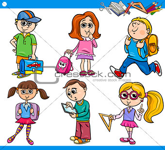cute primary school children cartoon set