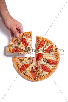 Man picking pizza slice 