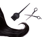 Long black shiny hair with professional scissors and hair dye br