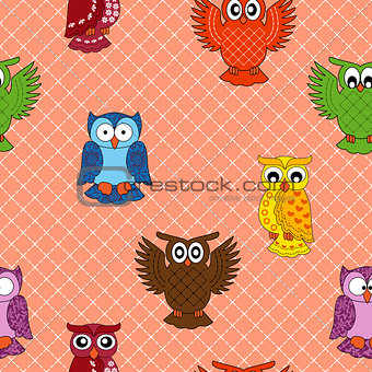 Colourful owl seamless pattern