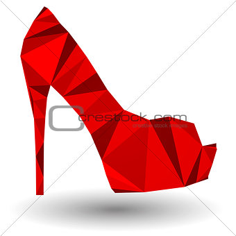 Red abstract high heel woman shoe in origami style.