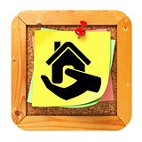 Home in Hand Icon. Sticker on Message Board.
