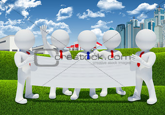 Five 3d white people holding blank poster
