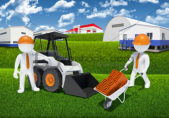 Two 3d workers with loader and wheelbarrow