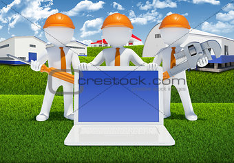 Three 3d white people with tools and laptop