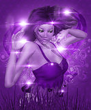 Girl on violet floral background