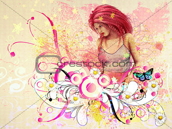 Girl with pink hair and flourish