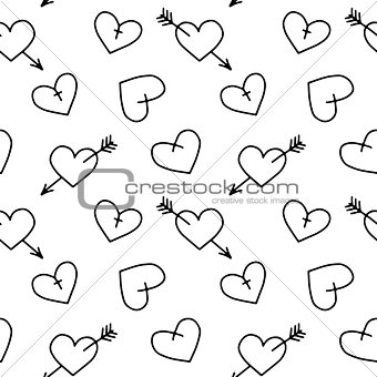 Hand drawn seamless pattern of hearts, vector