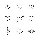 Set of nine hand drawn hearts in tattoo style