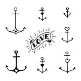 Set of seven hand drawn anchors in tattoo style