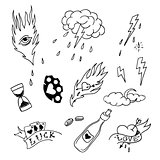 Set of hand drawn elements in tattoo style, vector illustration