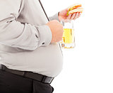fat business man holding beer mug and hamburger