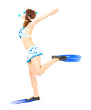 young bikini girl open arms with scuba diving equipment