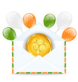 Envelope with golden coin and colorful balloons for St. Patrick'